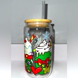 Festive Holiday Glass Tumbler with Straw